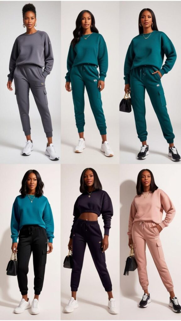 Stylish black women showcasing various sweatshirts outfits, highlighting different sweatshirt styles and pairings with joggers, skirts, and statement accessories.