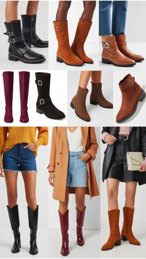 A visually inspiring collection of diverse boots outfit ideas, showcasing different styles, colors, and textures for various occasions and seasons.