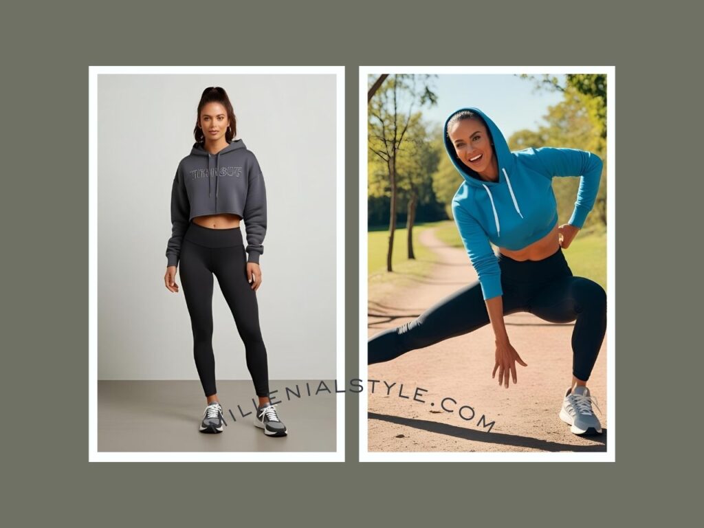 Cropped Hoodie + High-Waisted Black Leggings + Trainers
