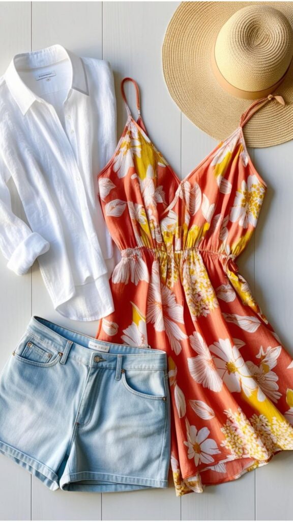 A collection of essential summer capsule wardrobe items laid out, including a linen shirt, denim shorts, a sundress, and a straw hat.