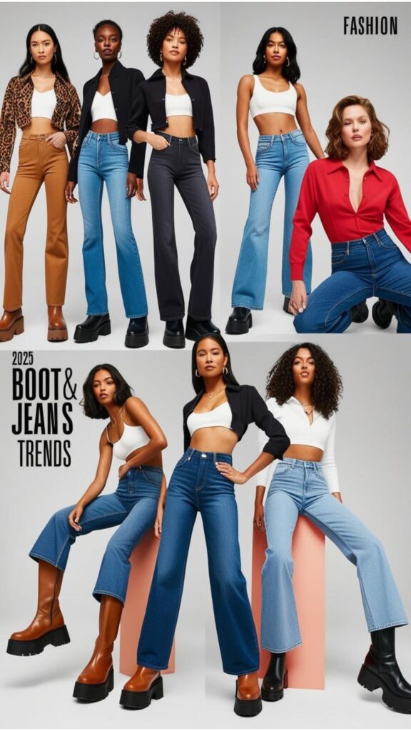 Models showcasing the latest boots and jeans outfit trends from 2025, possibly featuring specific boot styles like chunky platforms or trendy jean cuts like wide-leg.