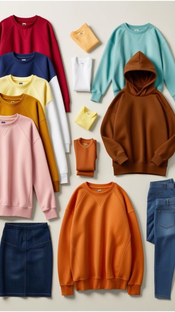 A flat lay showcasing different styles of sweatshirts (crew neck, hooded, oversized) alongside various bottoms like jeans, skirts, and leggings.