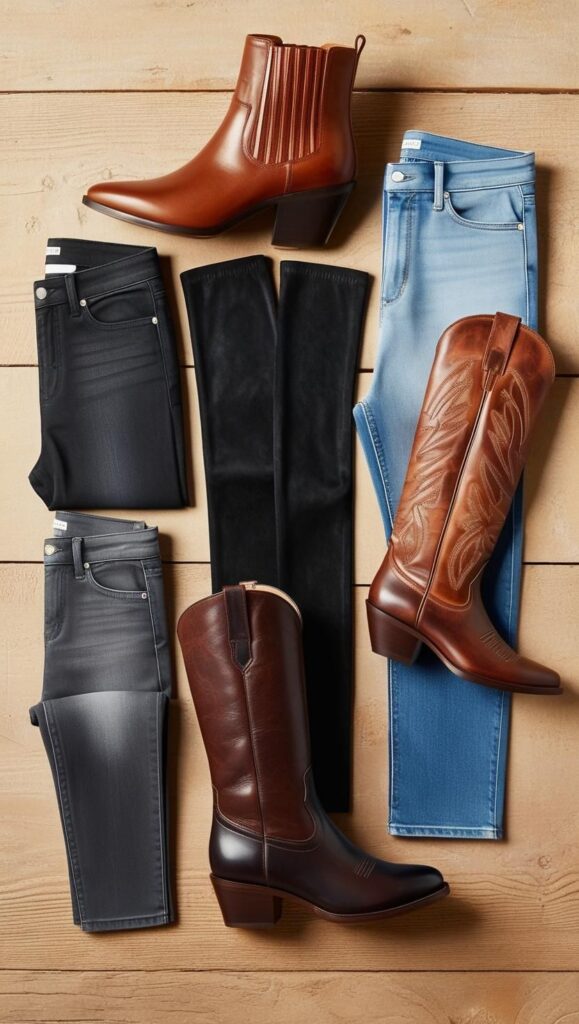A flat lay showcasing various styles of boots (ankle boots, knee-high boots, cowboy boots) paired with different types of jeans (skinny, straight-leg, bootcut).