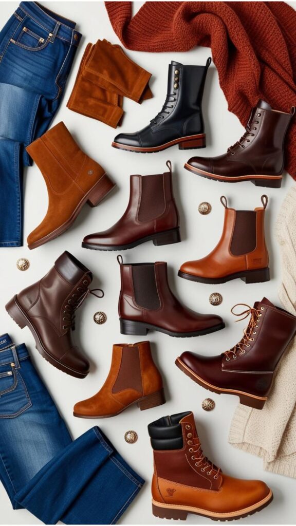 A flat lay showcasing various types of boots for women and men, including ankle boots, riding boots, and work boots, alongside different clothing items like jeans, skirts, and sweaters.