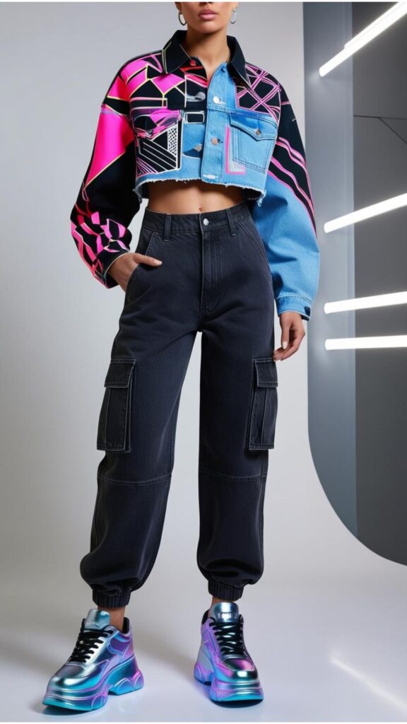 A futuristic denim jacket outfit featuring a cropped denim jacket with bold graphic prints, paired with high-waisted cargo pants and platform sneakers.