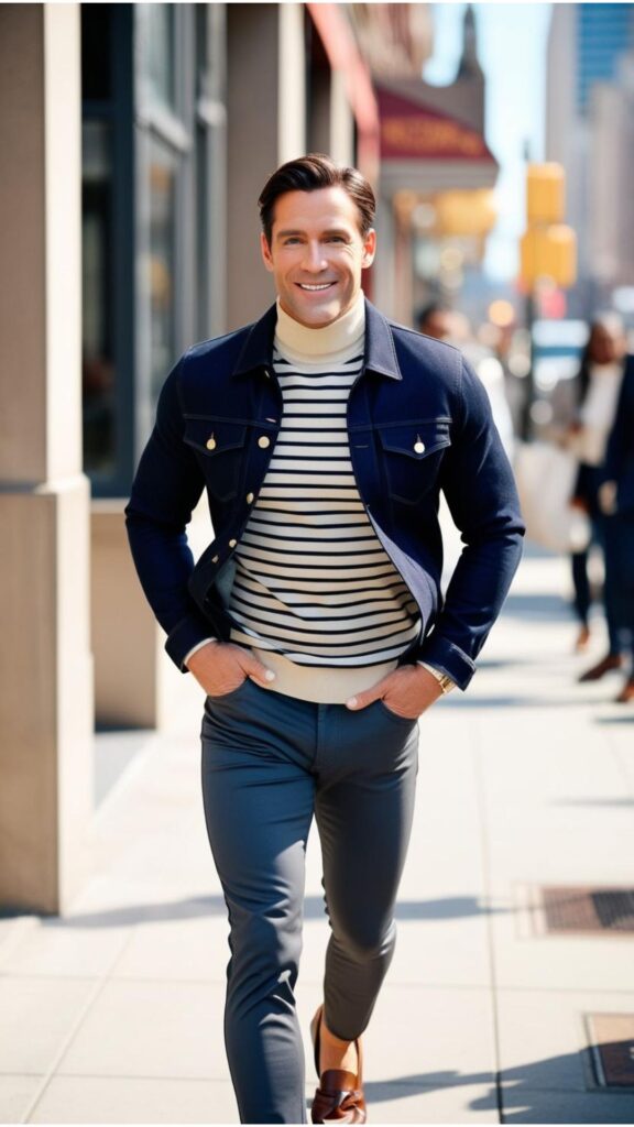 A good looking man wearing a dark blue denim jacket over a striped turtleneck, paired with slim-fit trousers and loafers, walking on a city sidewalk.