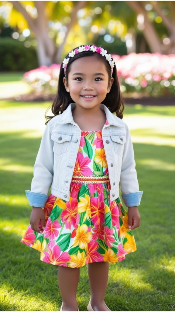 A young girl wearing a light-wash denim jacket over a floral dress, with ballet flats and a headband, standing in a park.