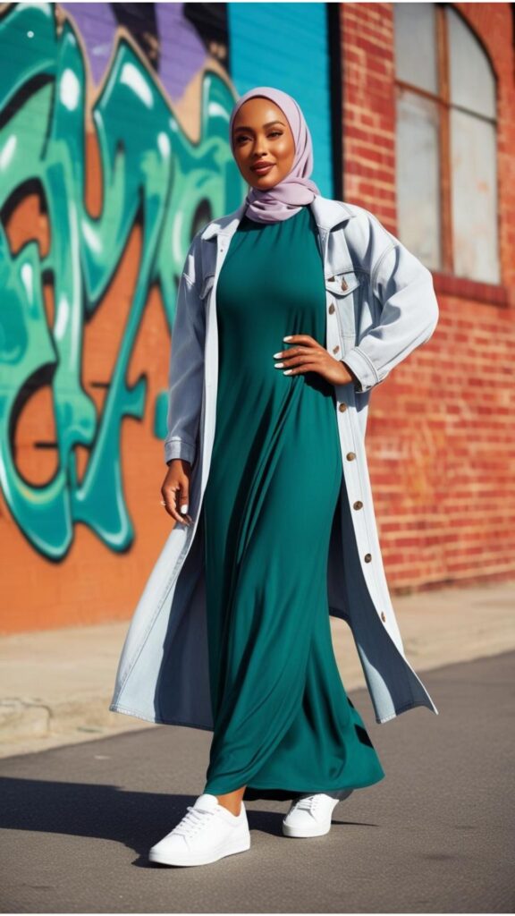 A stunning woman in a long denim jacket over a flowy maxi dress, wearing a pastel hijab and stylish sneakers, posing in an urban setting.