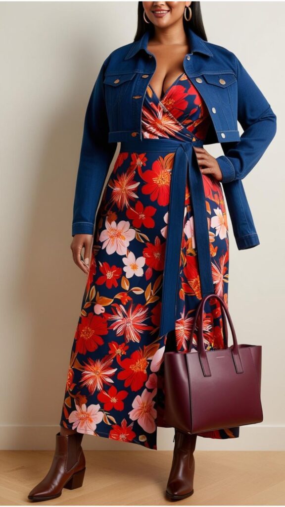 A plus-size woman wearing a belted denim jacket over a floral wrap dress, styled with ankle boots and a statement bag.