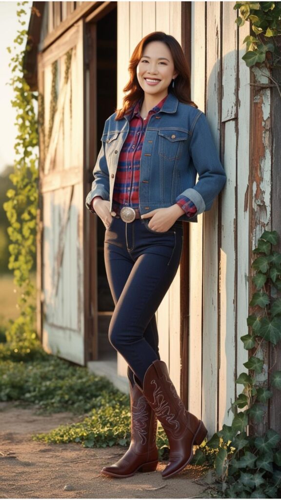 A lovely woman wearing a Western-style denim jacket with a plaid shirt, bootcut jeans, and cowboy boots, standing near a rustic barn.