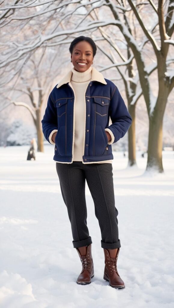 A beautiful woman wearing a fleece-lined denim jacket over a turtleneck sweater, paired with wool trousers and boots, standing in a snowy park.