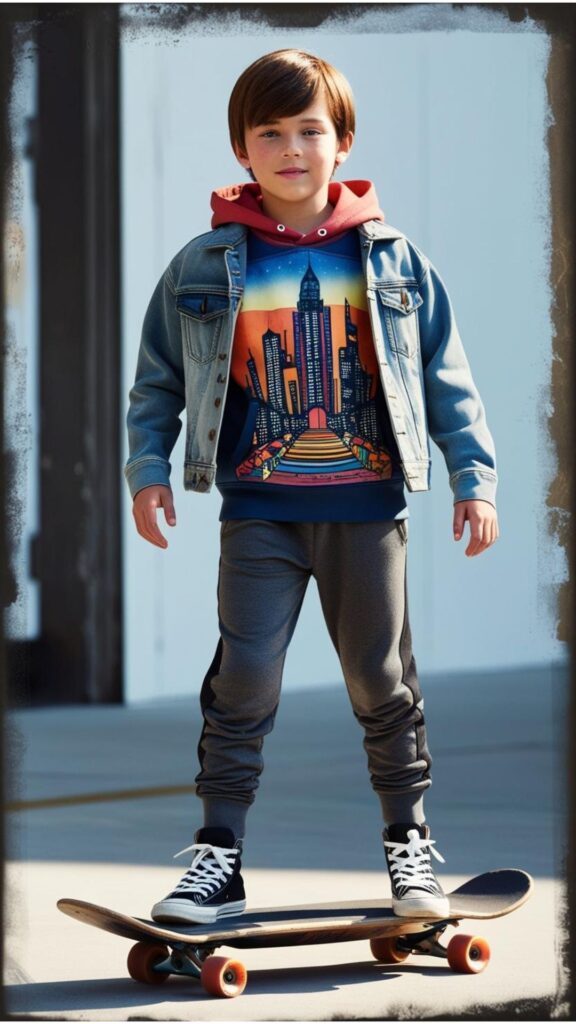 A young boy wearing a denim jacket over a graphic hoodie, paired with joggers and high-top sneakers, standing on a skateboard.