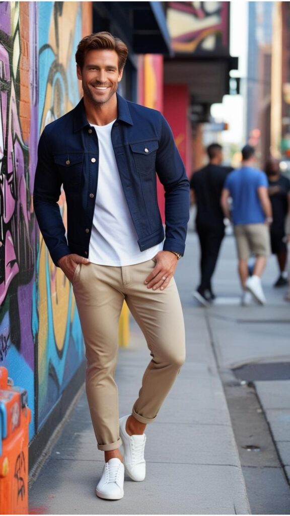 A handsome man wearing a dark blue denim jacket over a white t-shirt, with beige chinos and white sneakers, posing in an urban setting.