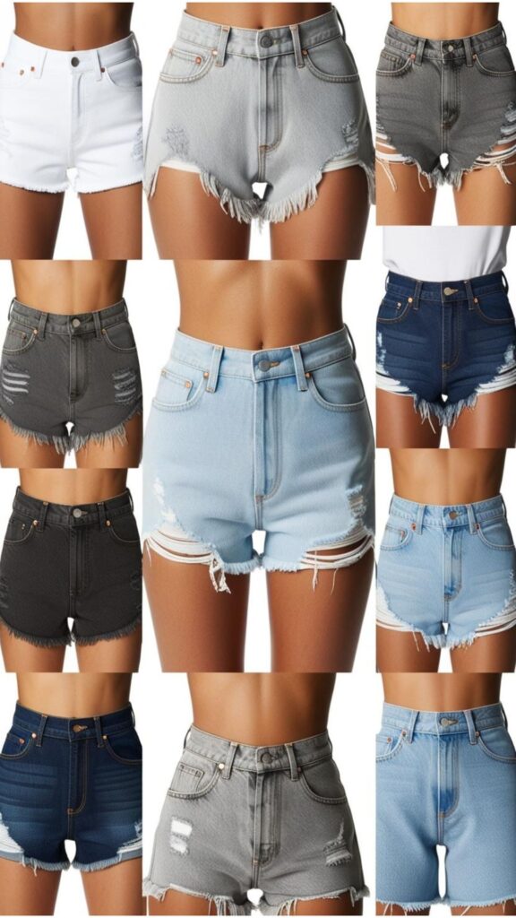 A collage showcasing different washes and cuts of denim shorts, including light wash, dark wash, ripped, and high-waisted.