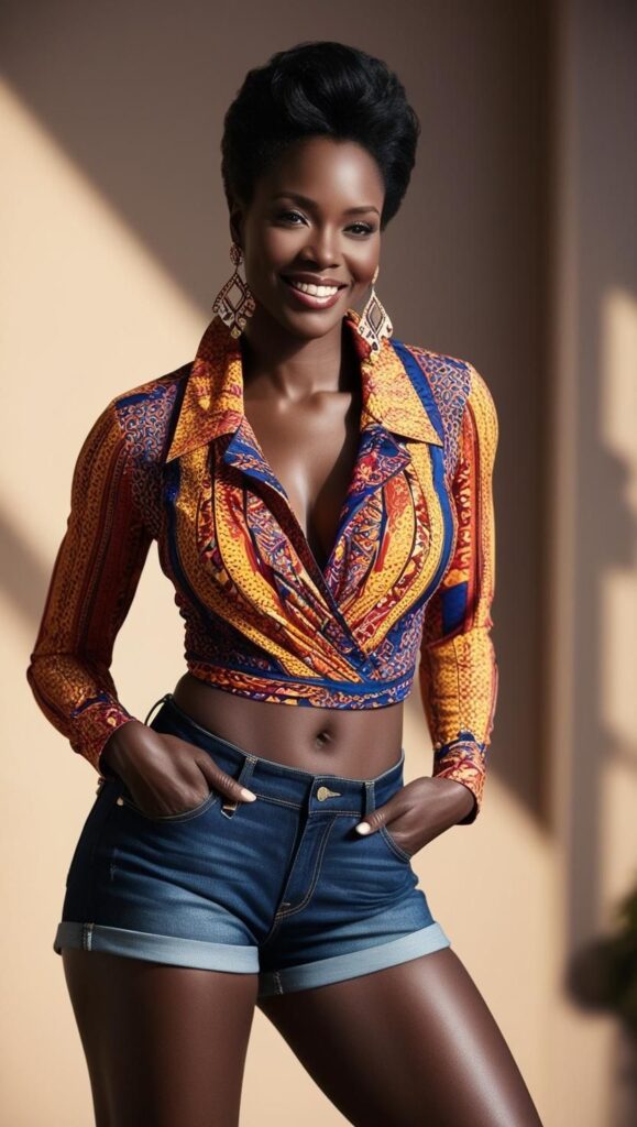 A stunning Black woman wearing denim shorts, a colorful patterned top, and statement earrings, smiling confidently