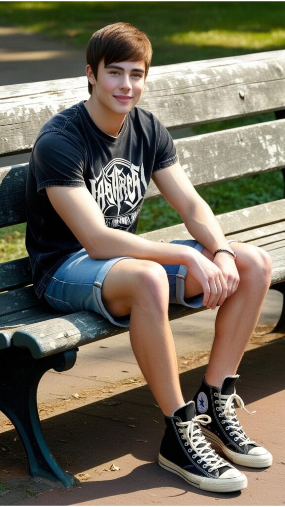 A person wearing medium wash denim shorts, a band t-shirt, and high-top sneakers, sitting on a park bench.