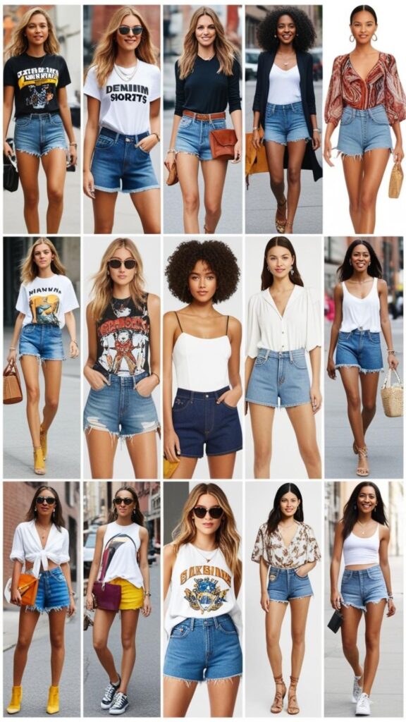 A compilation of street style photos featuring different denim shorts outfits.