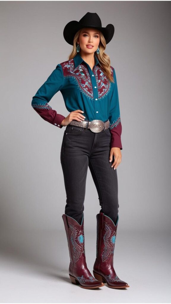 A more dressed-up cowgirl-inspired outfit featuring embellished cowboy boots, dark-wash jeans, a stylish blouse with some detail, and perhaps a statement belt.
