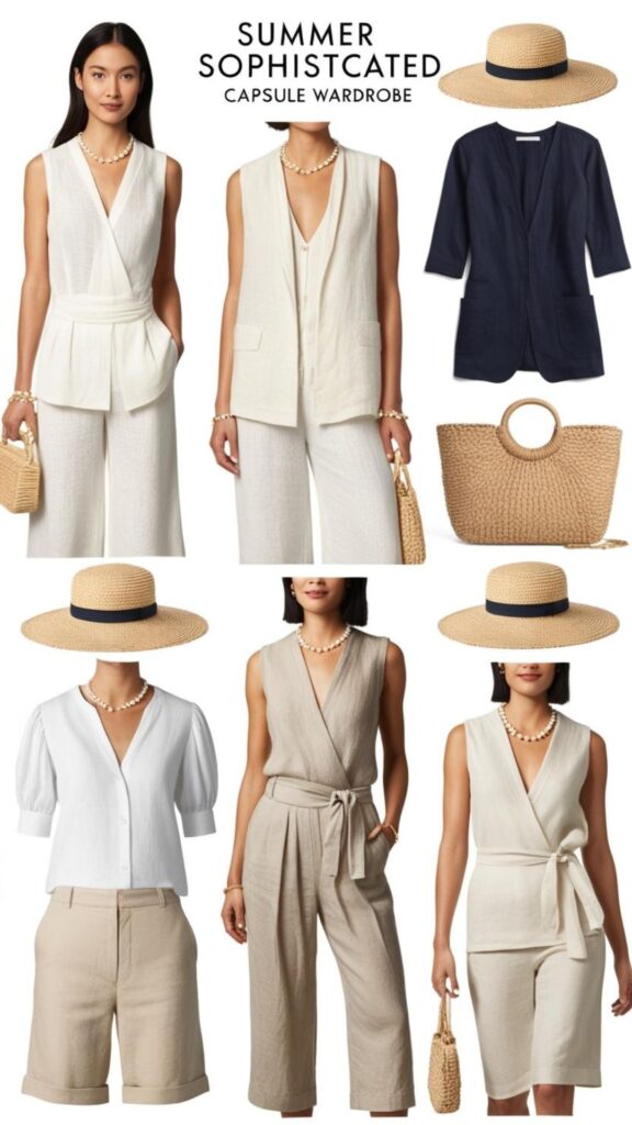 Classic and sophisticated summer capsule wardrobe outfits with an "old money" aesthetic, featuring neutral tones, high-quality fabrics like linen and silk, and timeless accessories.