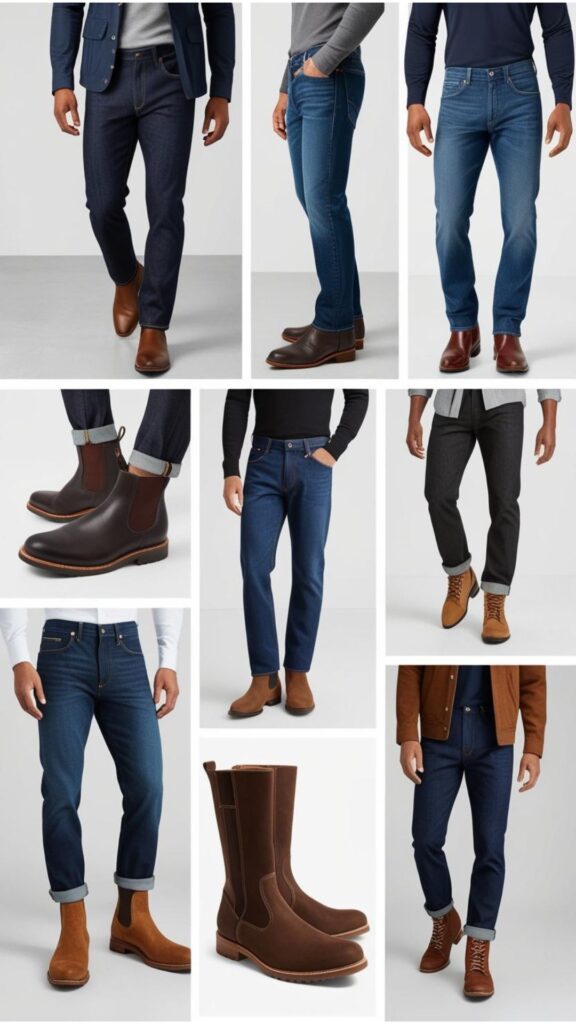 Several examples of men's boots and jeans outfits, showcasing different combinations of boots (work boots, Chelsea boots, chukka boots) with various jean styles (straight, relaxed, slim).