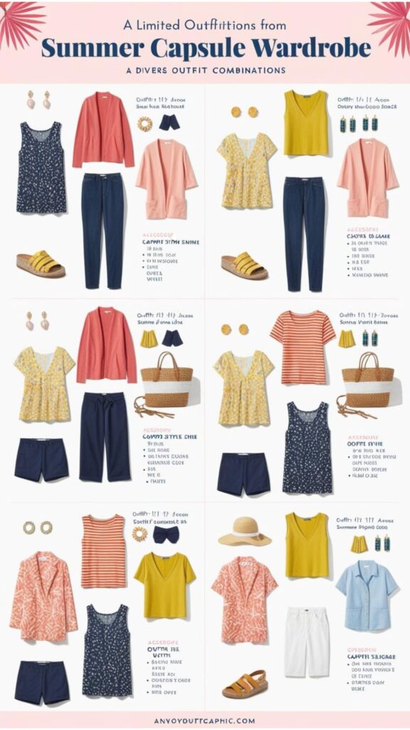 A visual guide showing various outfit combinations that can be created from a limited summer capsule wardrobe, demonstrating the versatility of each piece