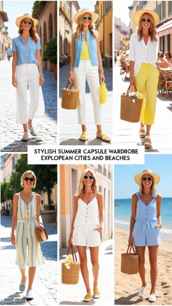 Stylish summer capsule wardrobe outfits suitable for exploring European cities and beaches, incorporating comfortable walking shoes and chic accessories.