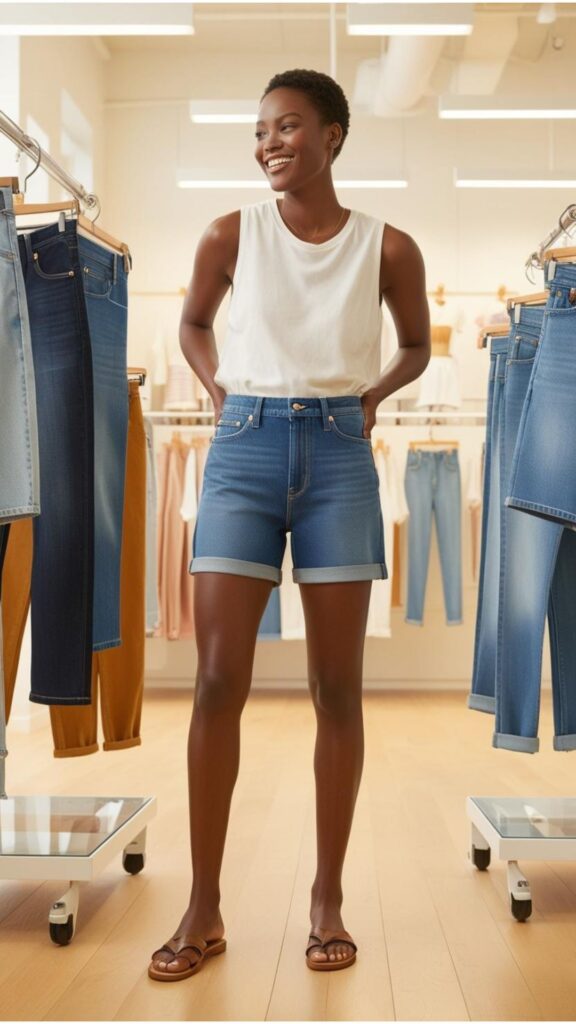 A person trying on different pairs of denim shorts in a store.