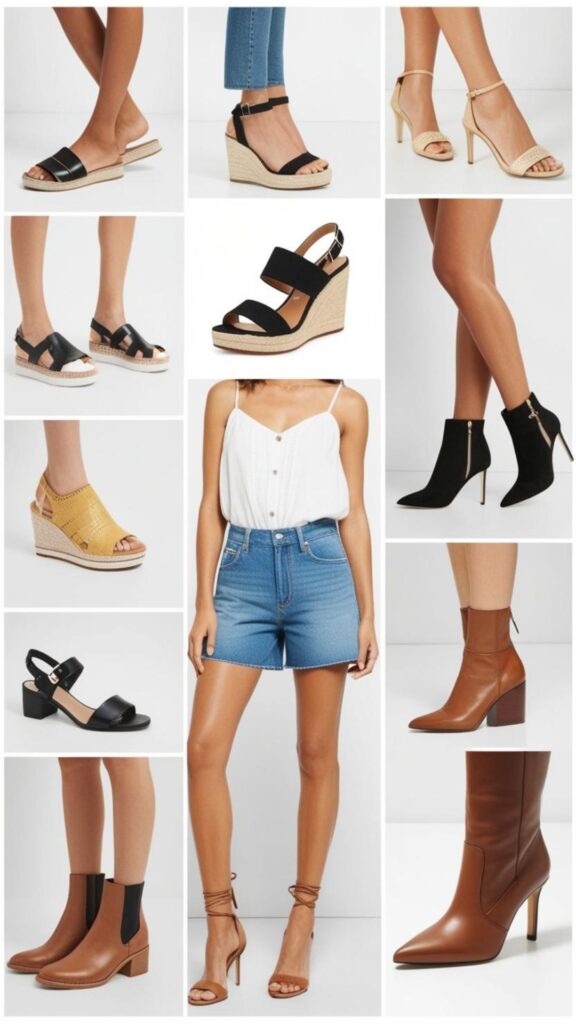 A collage showcasing different footwear options that can be paired with denim shorts, including sandals, sneakers, heels, and boots.