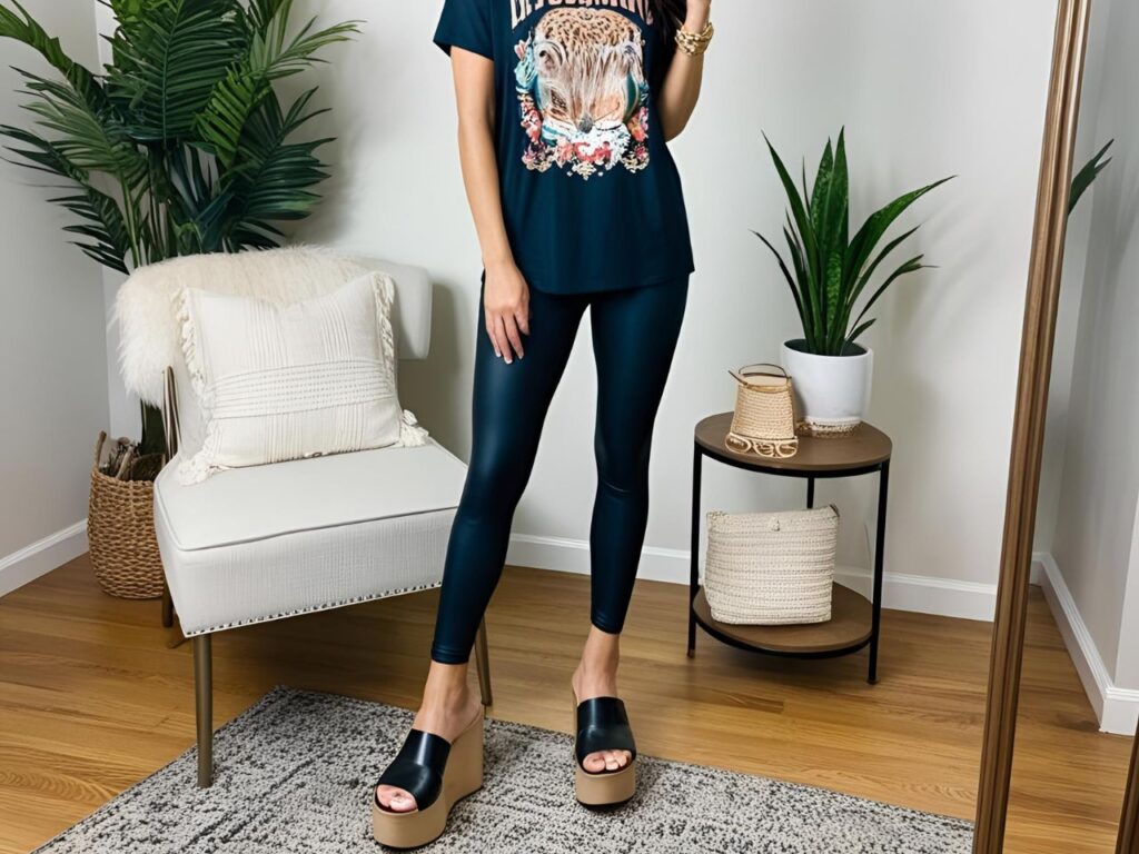 Graphic Tee + Black Leggings + Platform Sandals