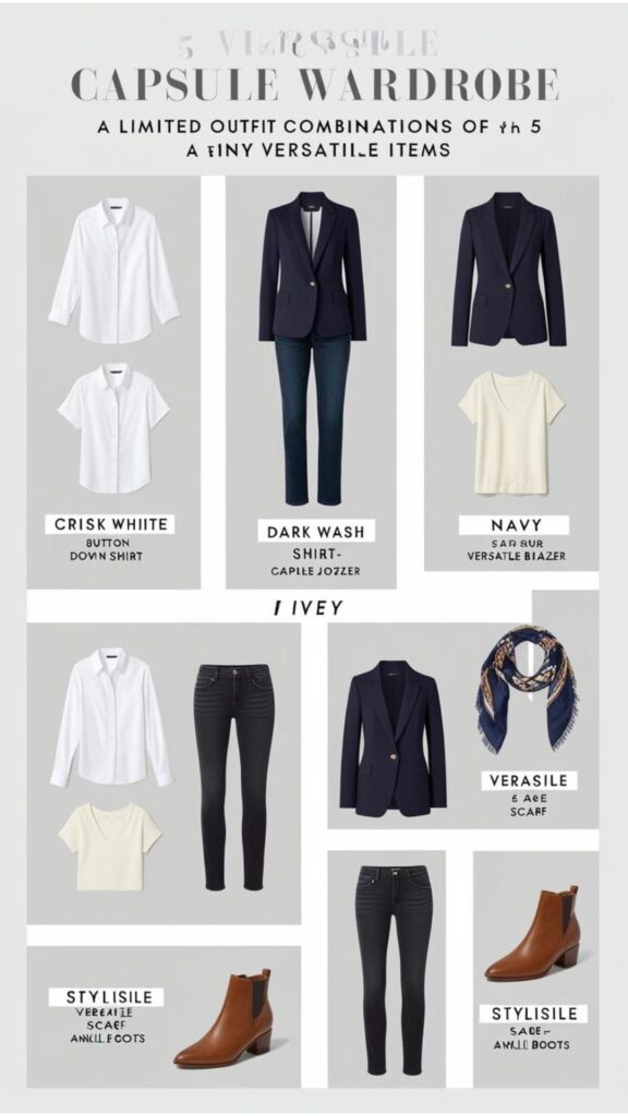 A visual guide showcasing different outfit combinations that can be created from a limited set of capsule wardrobe items.