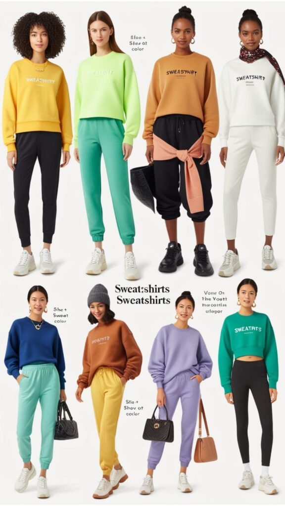 A visual guide showcasing various outfit combinations that can be created with different sweatshirts and accompanying clothing items and accessories.