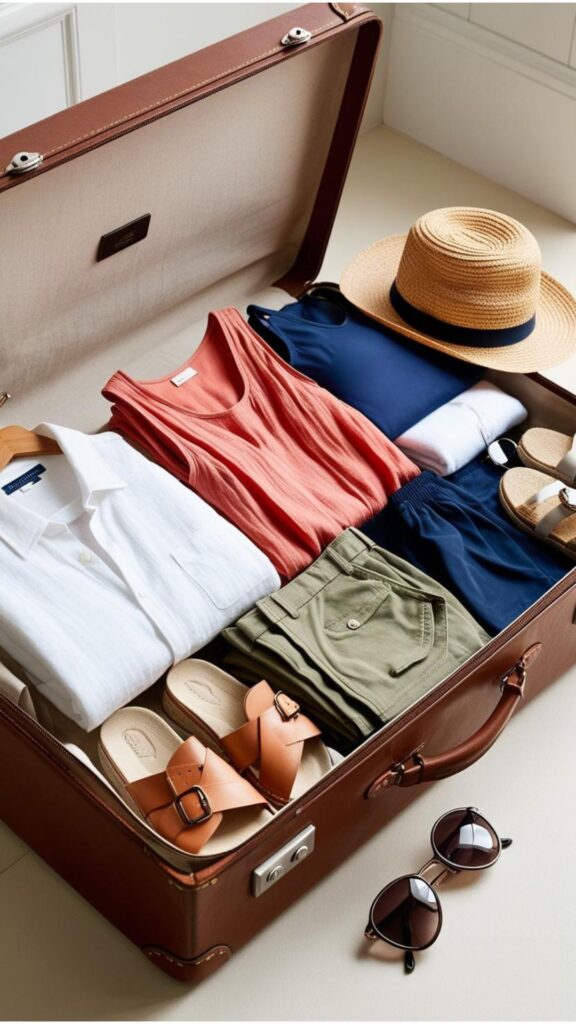 A suitcase open with a carefully packed summer capsule wardrobe, including items suitable for different travel activities.