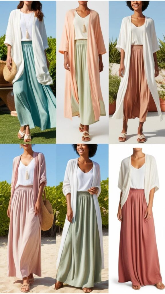 Modest and stylish summer capsule wardrobe outfits featuring long skirts or dresses, loose-fitting tops, and lightweight cardigans.