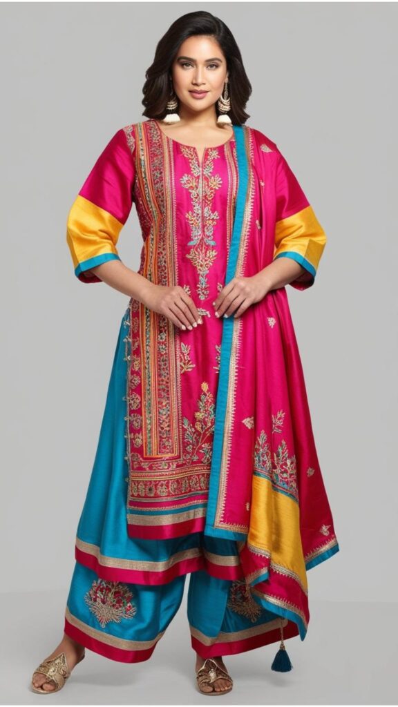 Trendy Indian plus-size outfit made with vibrant fabrics like silk and cotton, detailed with embroidery and styled with accessories.