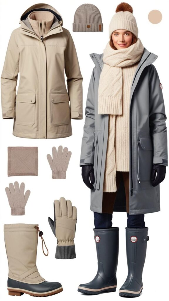 Stylish winter essentials: Layering, waterproof boots, cozy accessories, and a versatile color palette from neutrals to plain.