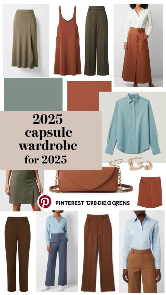 A mood board showcasing potential capsule wardrobe pieces for 2025, incorporating the Pinterest trending colors and classic silhouettes.