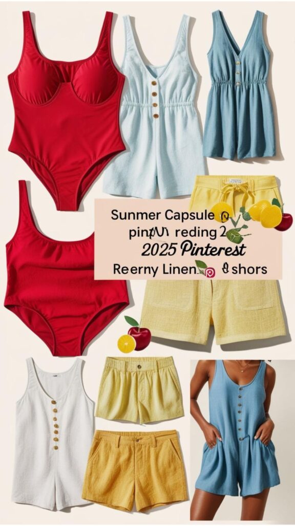 A mood board showcasing summer capsule wardrobe items incorporating the 2025 Pinterest trending colors, such as Cherry Red swimwear, Butter Yellow linen shorts, and Aura Indigo sundresses.