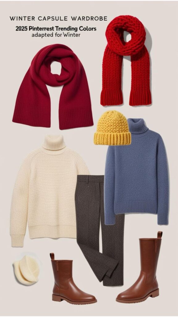A mood board showcasing winter capsule wardrobe items incorporating the 2025 Pinterest trending colors, adapted for winter in cozy textures like a Cherry Red scarf, Butter Yellow knit hat, or an Aura Indigo sweater.