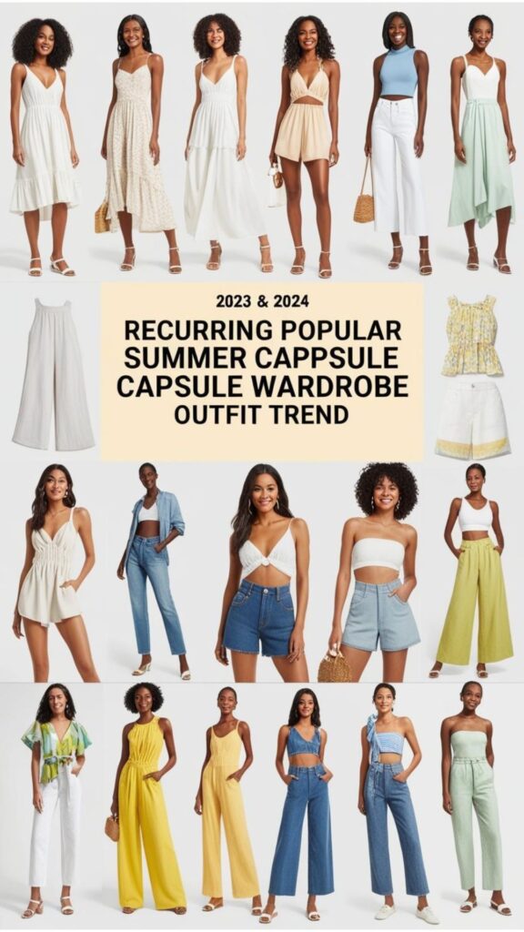 A collage of popular summer capsule wardrobe outfit trends from 2023 and 2024, showing recurring styles and popular pieces.