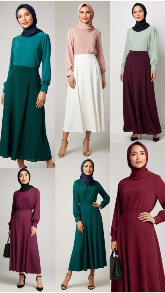 Stylish and modest capsule wardrobe outfits suitable for hijab-wearing individuals, featuring long skirts, modest tops, and coordinating hijabs.