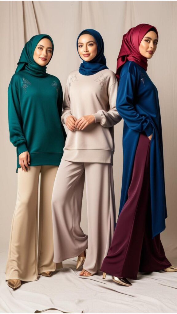 Stylish and modest sweatshirts outfits for women wearing hijab, showcasing longer sweatshirts paired with wide-leg trousers, maxi skirts, and coordinating hijabs.