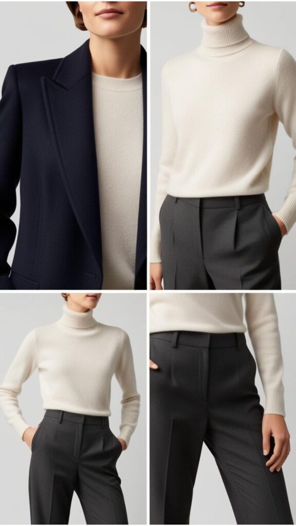 Close-up shots of key winter office capsule wardrobe items for chic, such as a well-fitting blazer, a fine-knit sweater, and smart trousers, highlighting their professional appeal.