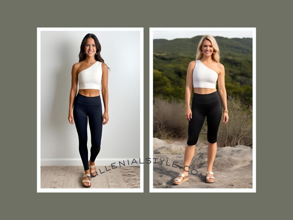 One-Shoulder Crop + Black Short Leggings + Sandals