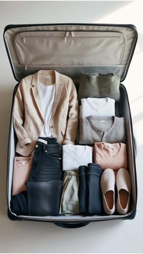 A suitcase packed with versatile capsule wardrobe items suitable for travel, including pieces that can be dressed up or down.