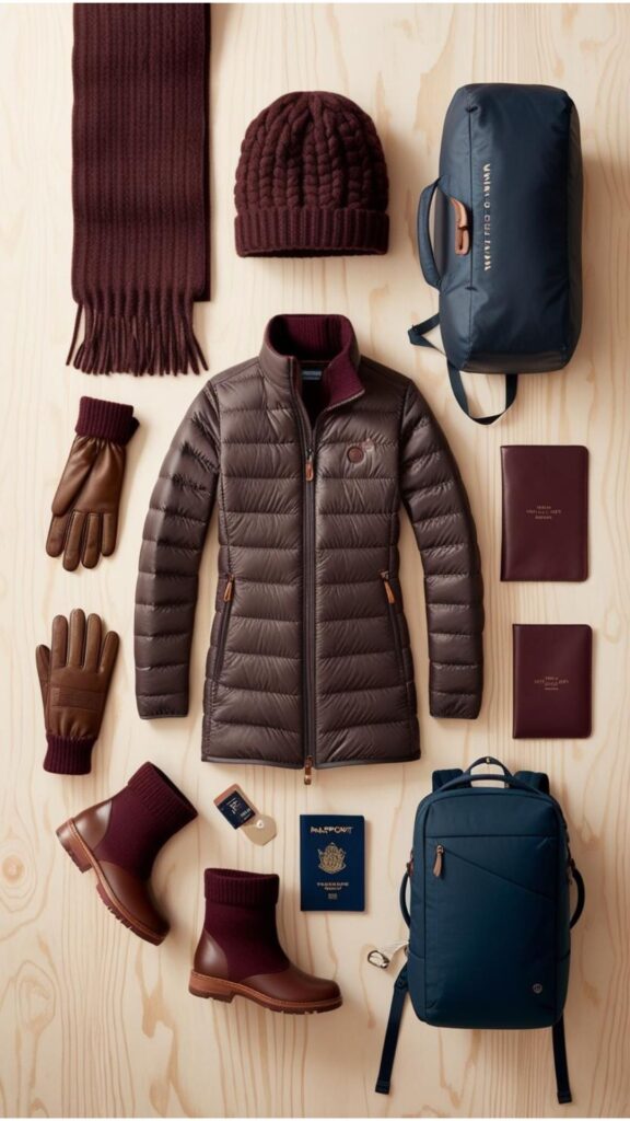 A travel-themed flat lay featuring winter capsule wardrobe items and travel accessories, referencing popular styles from the 2023/2024 winter season.