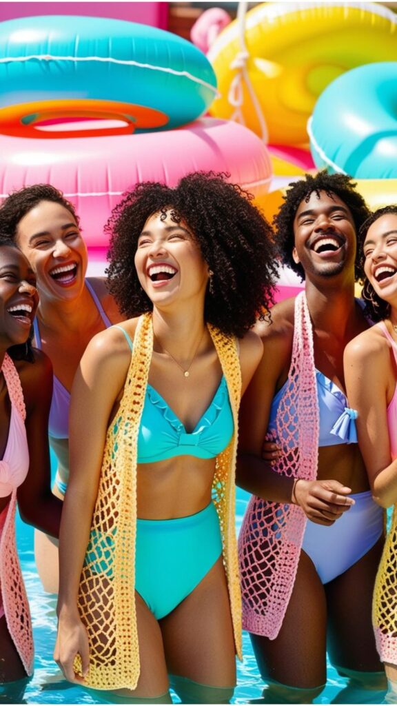 A group of friends in pastel swimwear and crochet cover-ups, laughing poolside with vibrant floats in the background.