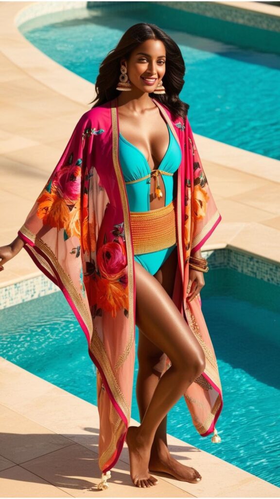 A lovely woman in a floral kaftan over a vibrant swimsuit, adorned with traditional Indian earrings, standing near a luxurious pool.