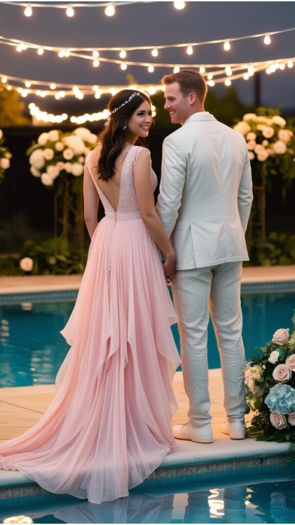 A wedding couple by the poolside, the bride in a flowing pastel dress and the groom in a linen suit, surrounded by string lights and floral decor.