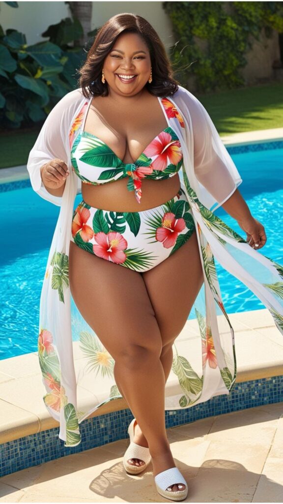 A plus-size woman in a high-waisted floral bikini with a sheer cover-up and stylish sandals, smiling by the pool.