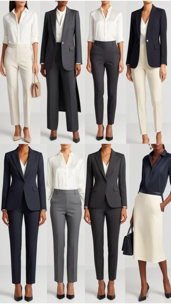 Several stylish and professional capsule wardrobe outfits suitable for the workplace, featuring blazers, tailored trousers, blouses, and versatile dresses.